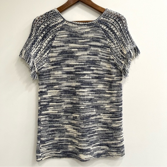 Massimo Dutti crochet open knit top tassel fringe trim blue cream boho medium - Picture 11 of 16